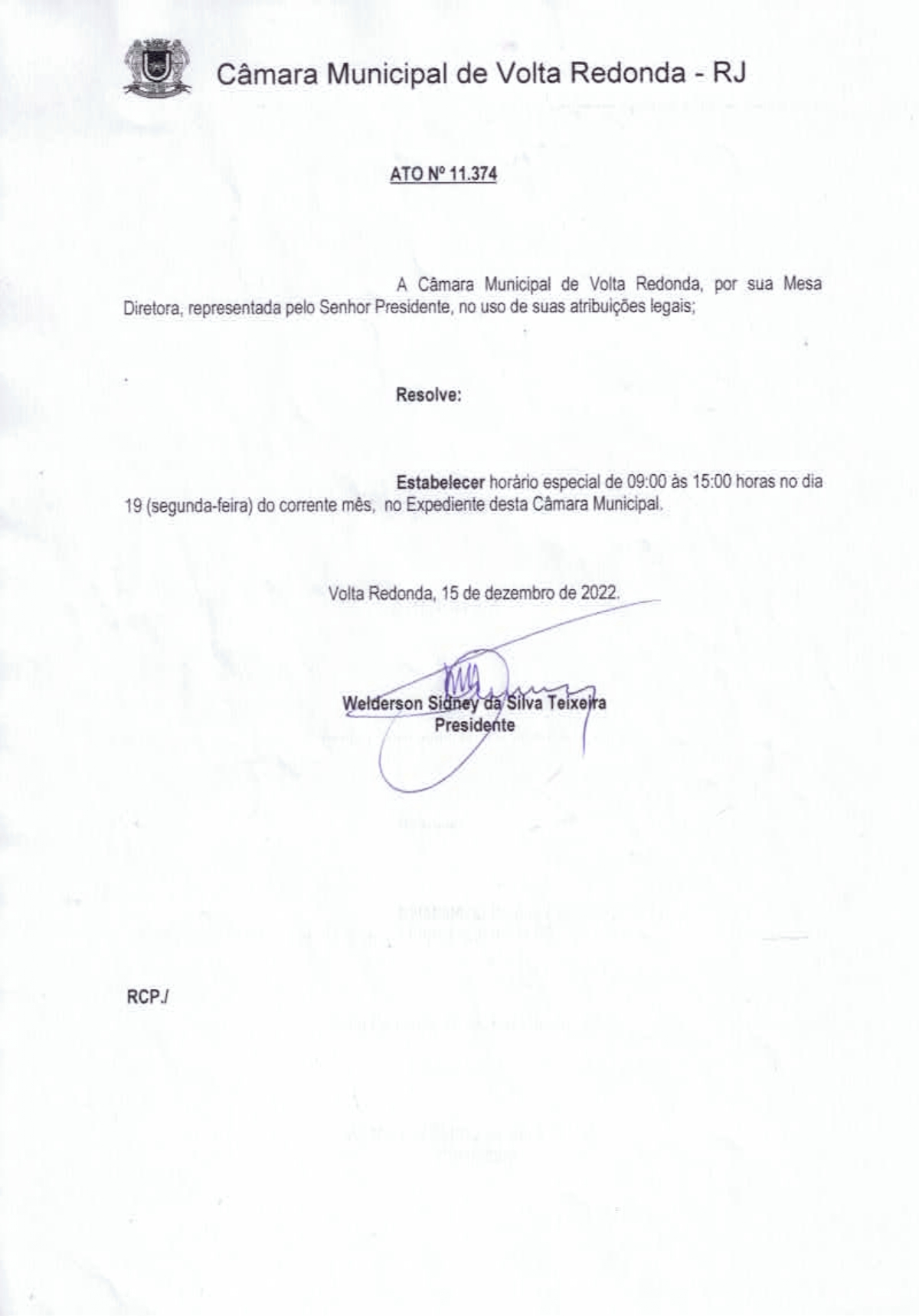 Ato nº 11.374 - Estabelece horário especial de expediente na Câmara Municipal de Volta Redonda